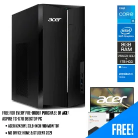 Acer Aspire TC-1770 13TH Gen Desktop | i5-13400 | 8GB RAM | 256GB Solid-State Drive | 1TB Hard Drive | Intel UHD Graphics | Windows 11 Home | MS Office H&S 2021 | Acer KA222Q HBI 21.5" FHD 100HZ Monitor