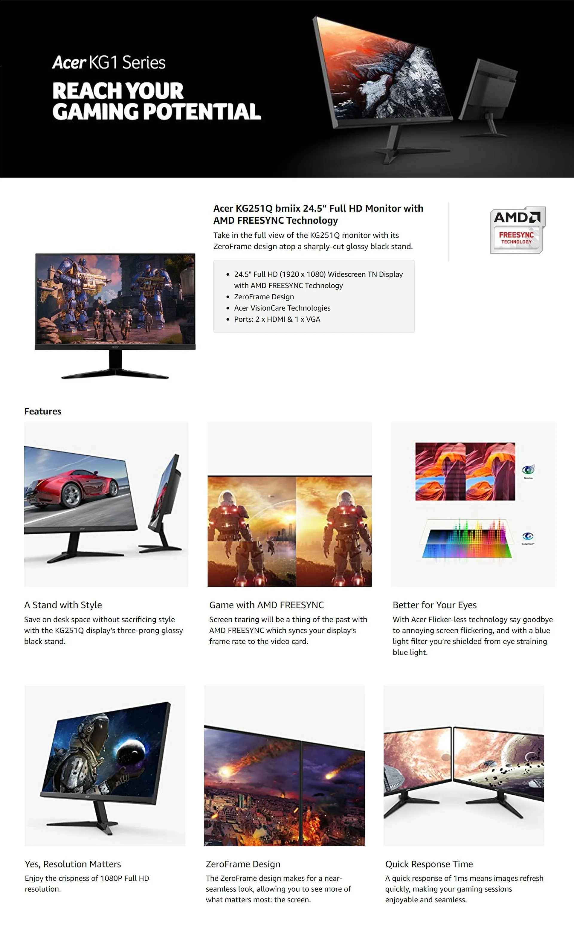 Acer KG1 KG251Q 144Hz FreeSync 24.5" Gaming Monitor