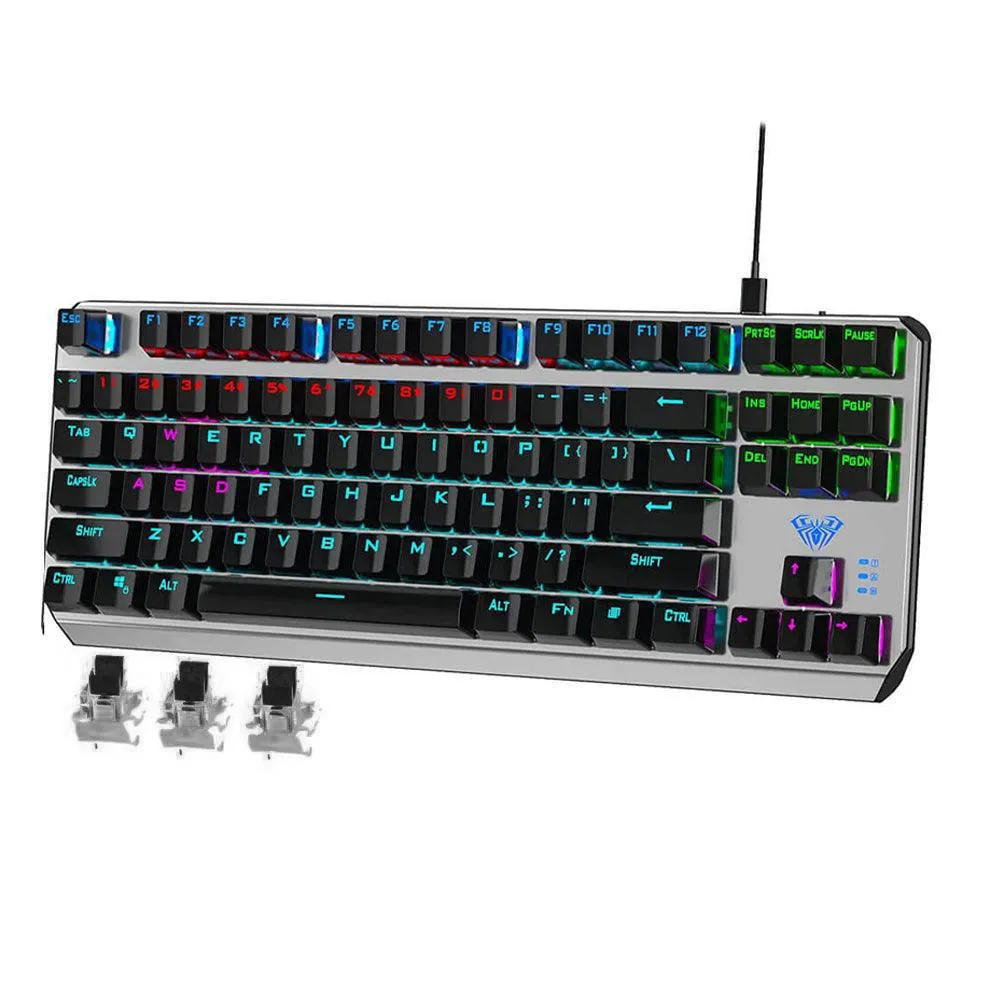 Aula Wind F3087 Black Switch Wired Rainbow Gaming Keyboard English & Arabic - Gray